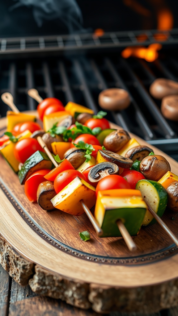 Colorful grilled vegetable skewers with zucchini, bell peppers, cherry tomatoes, and mushrooms on a wooden platter.
